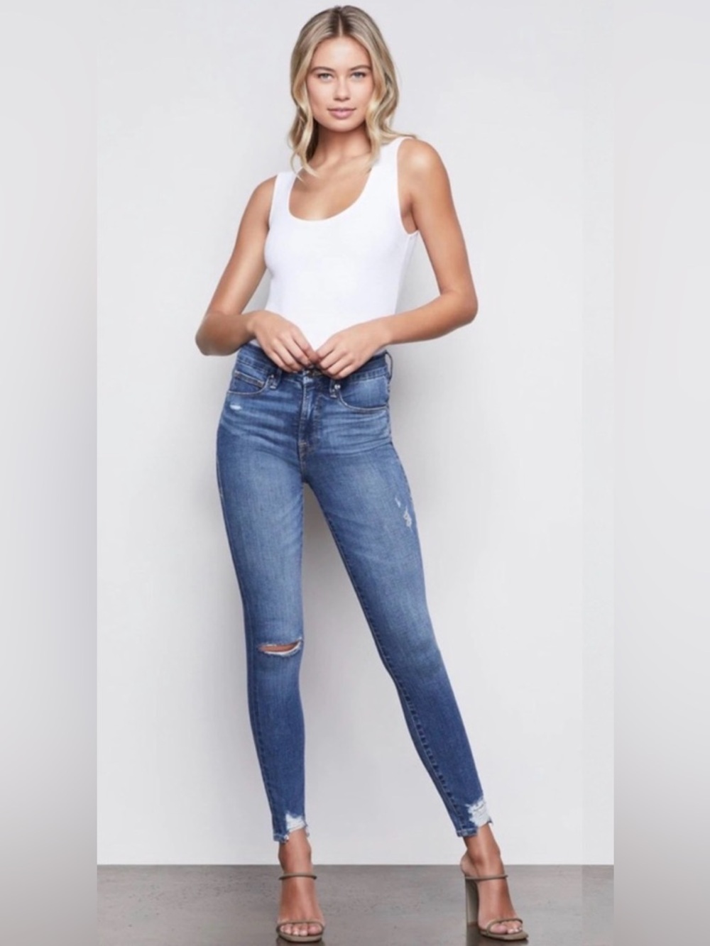 Good American Good Waist High Rise Skinny Jeans NWT Distressed Blue Size 14 32